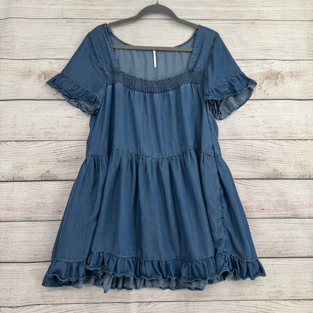 Free People Dress Women M Blue Denim Smocked Ruffle Tiered Babydoll OB1183516